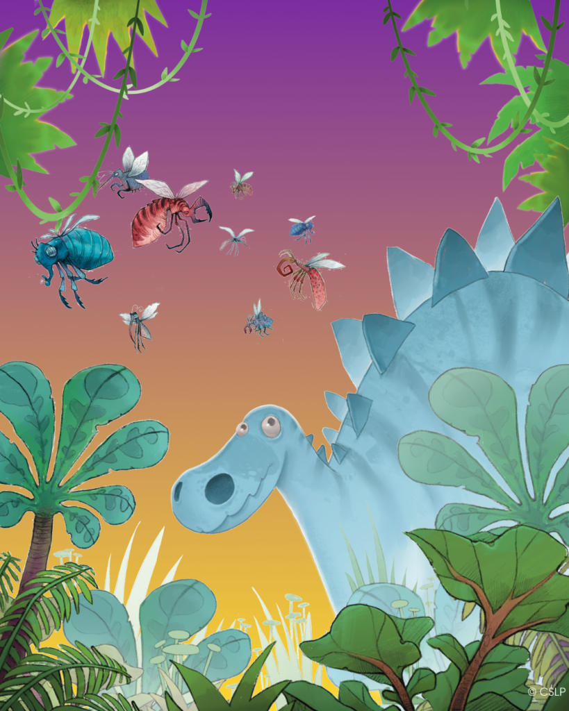 A friendly dinosaur surrounded by colorful insects and lush plants