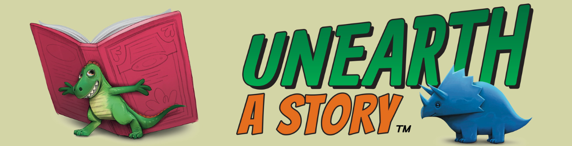 Colorful banner featuring a dinosaur and an open book, "Unearth a Story