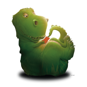 A green dinosaur reading a small red book while lounging